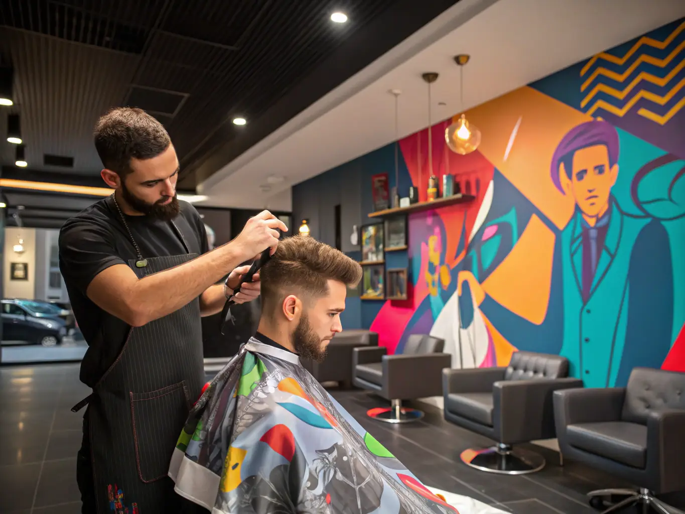 A barber carefully executing a classic haircut with scissors and comb, showcasing precision and attention to detail in a traditional setting.