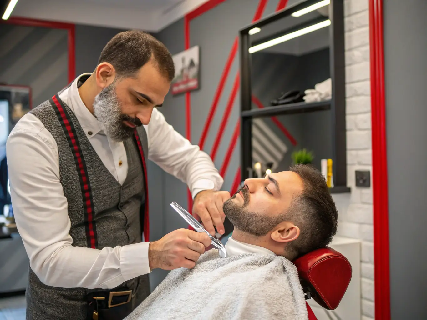 A close-up of a barber performing a straight razor shave, emphasizing the traditional technique and the smooth, refreshed result.