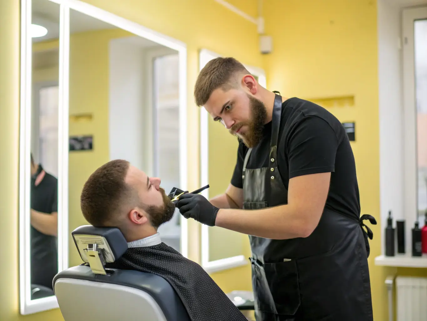 A barber expertly trimming and shaping a beard with precision tools, highlighting the artistry and skill involved in beard grooming.